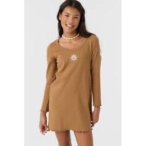 NWT‎ O'Neill Kids XL Long Sleeve Casual Dress Brown Sun Graphic Ribbed Hem Cute